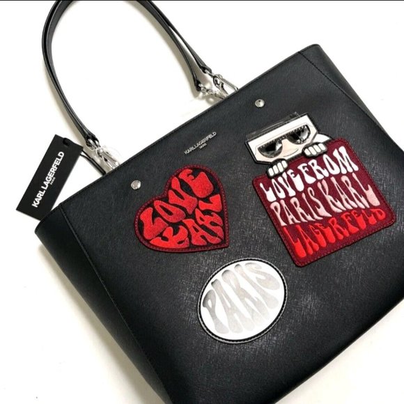 ❤️Karl Lagerfeld Love From Paris Patch Tote Bag Black Heart iconic purse Handbag - Picture 2 of 6